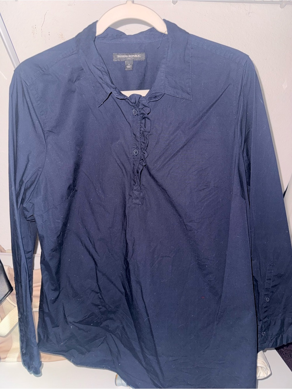 Banana Republic Navy Long-Sleeve Ruffle-Front Shirt